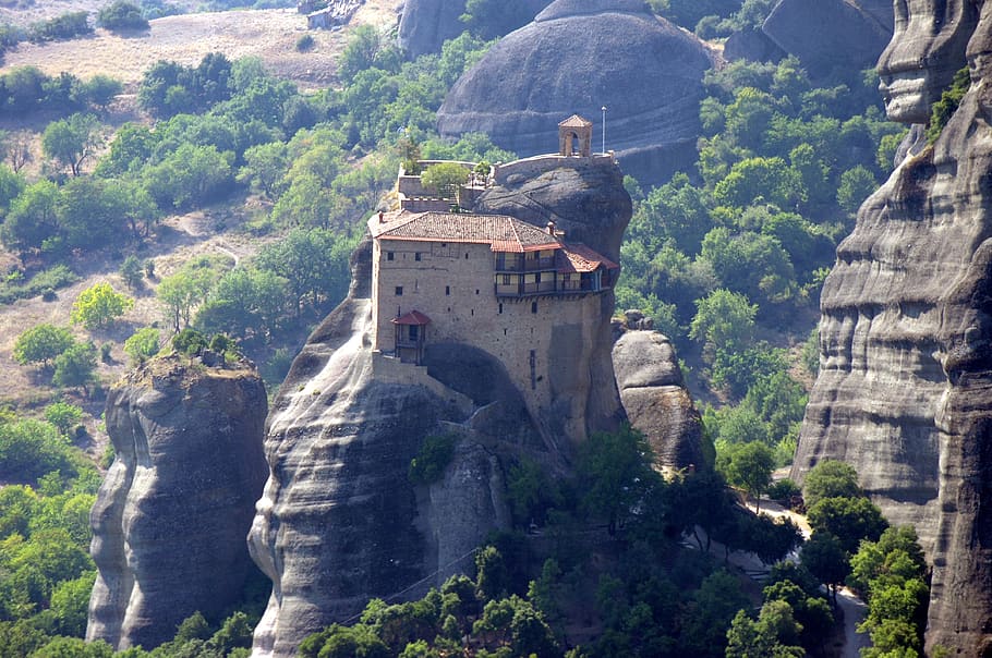 meteors, monastery, greece, built structure, architecture, mountain HD wallpaper