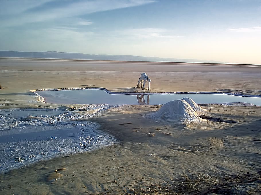 salt lake, dry, statue, tunisia, the republic of tunisia, water, HD wallpaper