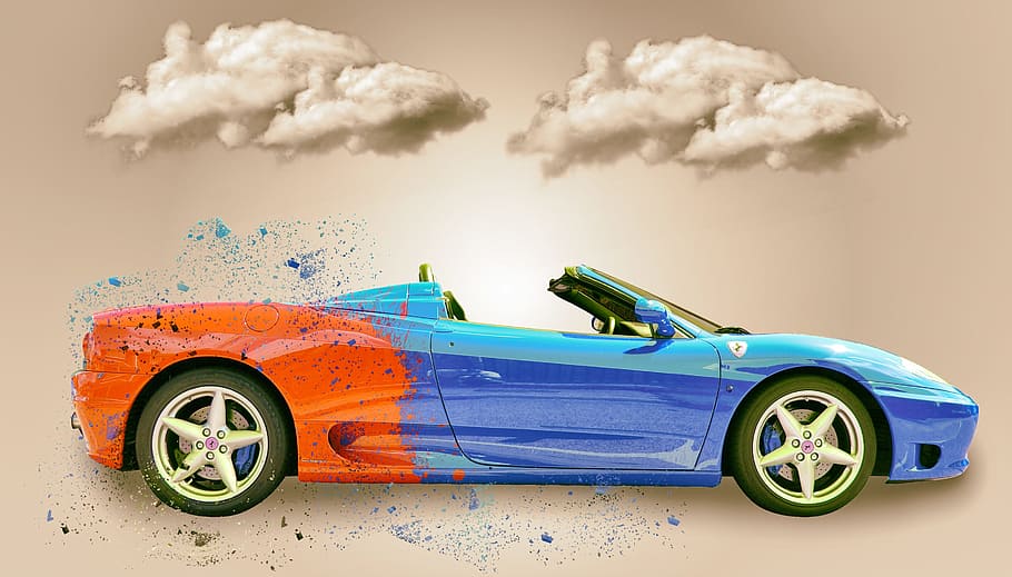 photo of blue and red convertible coupe, car, clouds, ferrari HD wallpaper