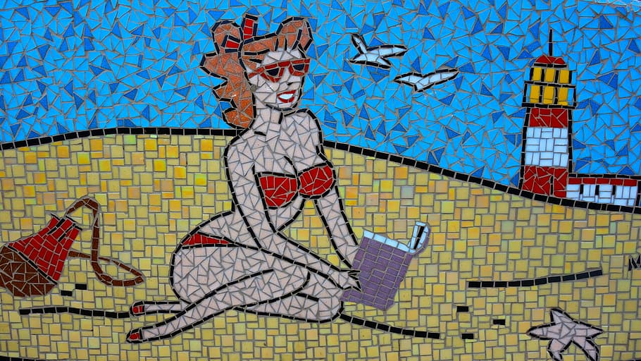 mosaic, beach, read, tiles, lighthouse, netherlands, art and craft HD wallpaper