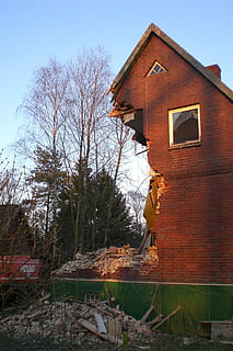 wrecked brown brick house under sunny sky, home, demolition HD wallpaper