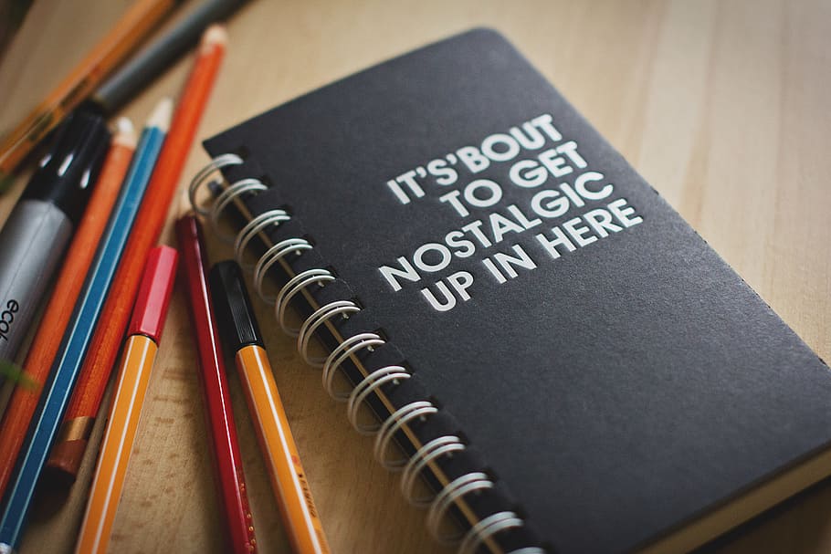 black notebook beside pencils, cover, desk, notepad, paper HD wallpaper