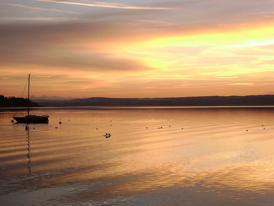 sunset, water, boat, dusk, twilight, evening, sky, colorful HD wallpaper