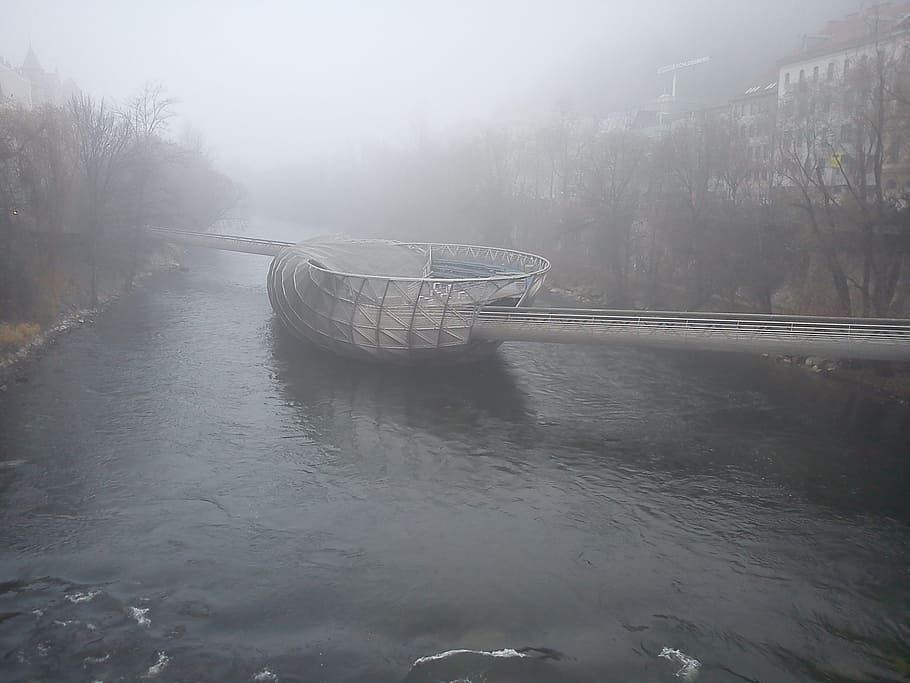 graz, murinsel, fog, autumn, bridge, architecture, landmark, HD wallpaper