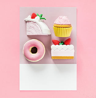 four desserts on pink panel, arranged, art, background, cake HD wallpaper