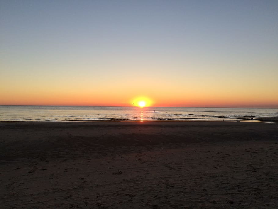 sunset, wide, mood, sky, sea, beach, land, water, horizon over water HD wallpaper