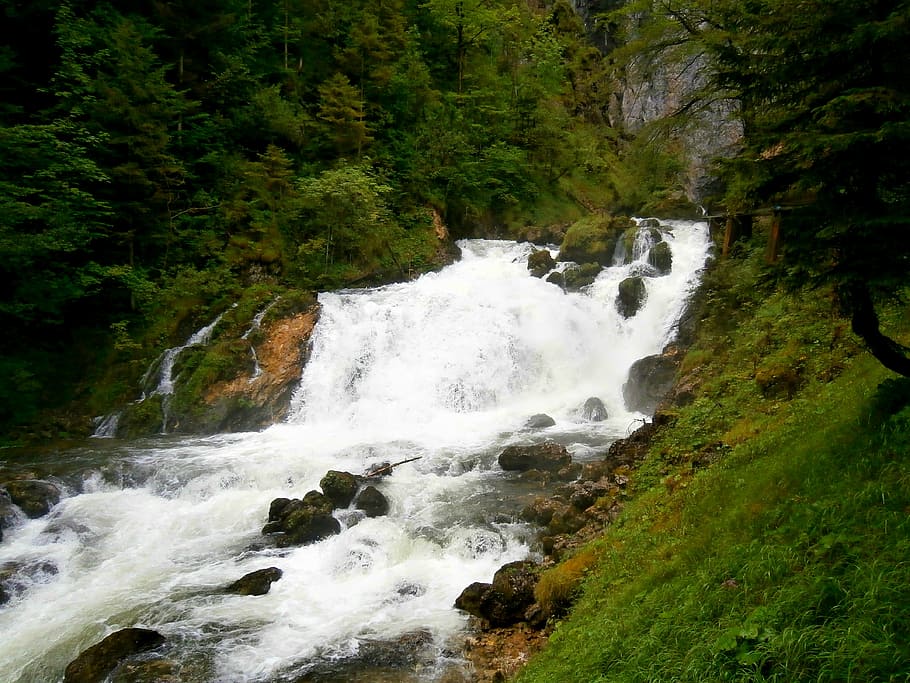 waterfall, river, landscape, bach, waters, stones, green, nature HD wallpaper