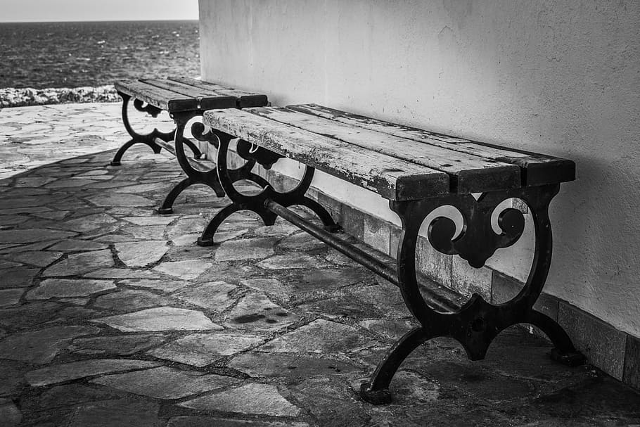 bench, elegant, outdoors, square, elegance, style, black and white HD wallpaper