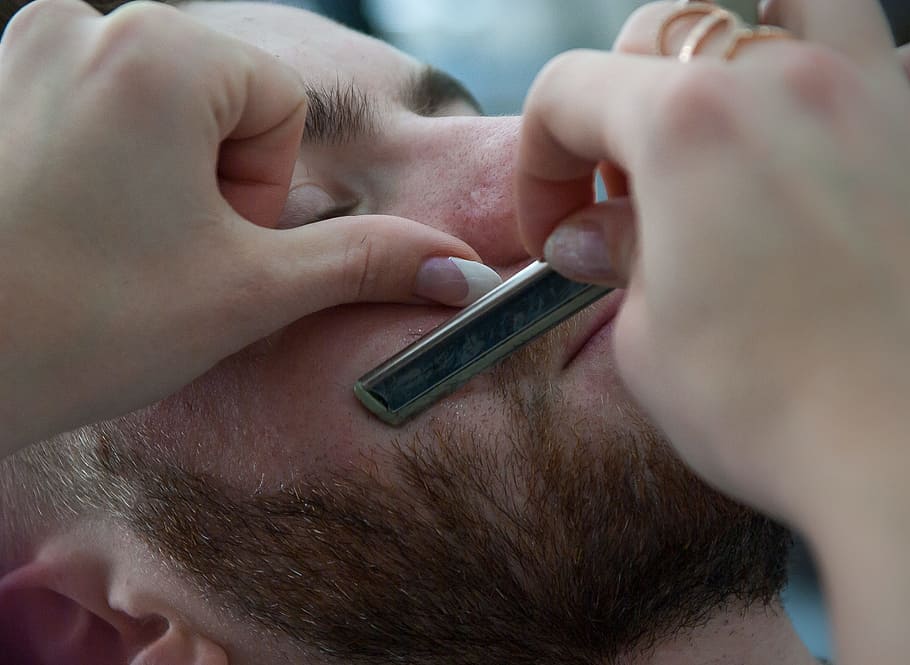person shaving beard of man, barber, razor, human body part, men