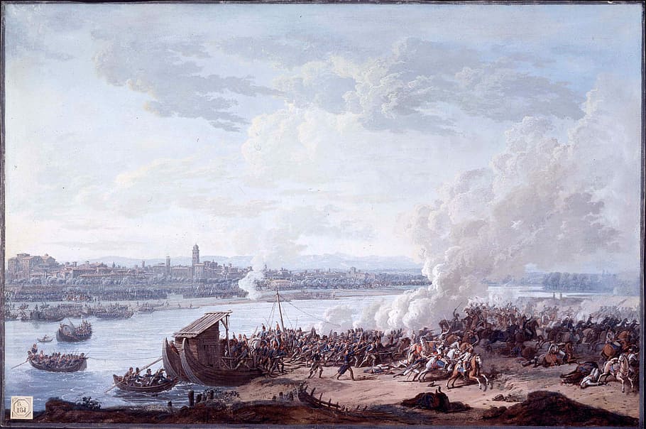 The French Pass the River Po at Piacenza in Italy, battle, public domain