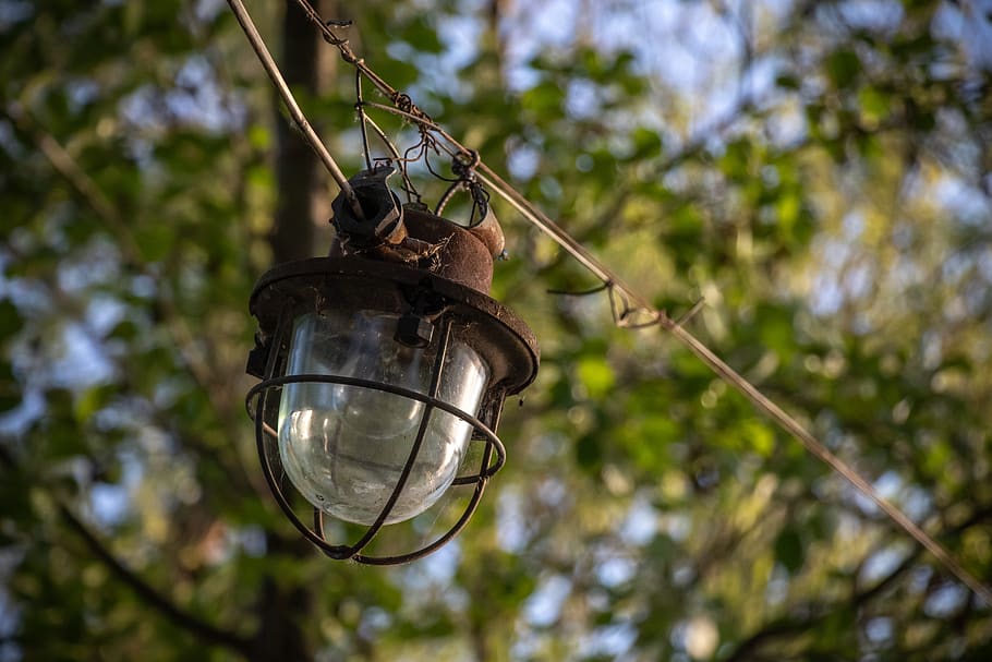 lantern, street, old, light bulb, low angle view, focus on foreground HD wallpaper