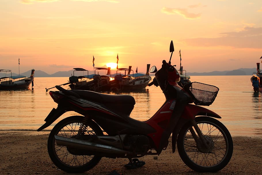 Beach, Motorcycle, Moped, Roller, foreground, sunset, vehicle HD wallpaper