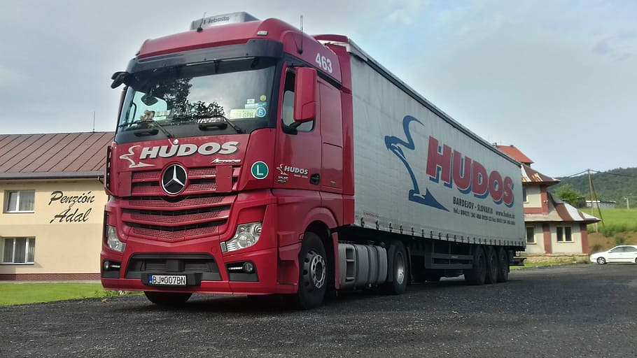 hudos, with, r, on, the truck, red, mercedes, benz, actros HD wallpaper