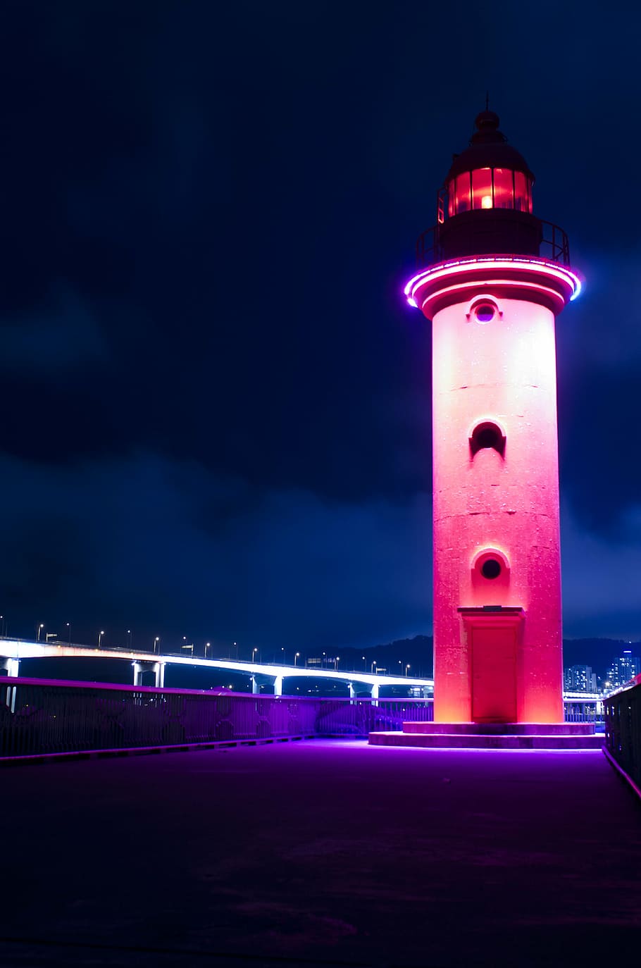 lighthouse, red, busan, zero, gravel beach, hang bridge, night HD wallpaper