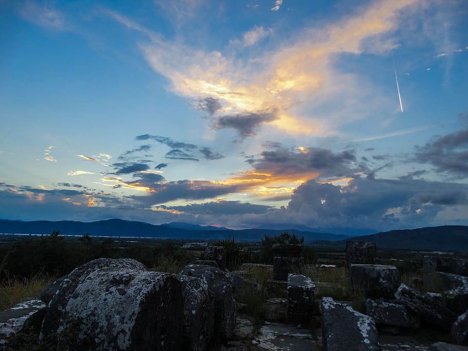 sunset, greece, blue, view, mountain, outdoor, rock, nature HD wallpaper
