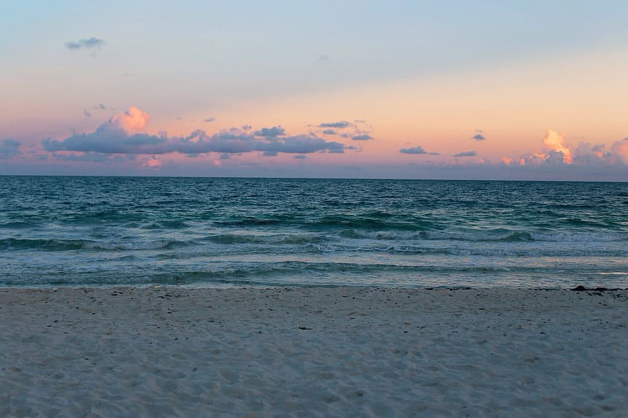 beach shore during golden hour, body, water, sunset, sky, sand HD wallpaper