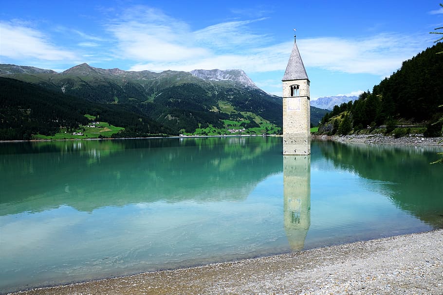 reschensee, tower, church, adige, lake, italy, mountains, water, HD wallpaper