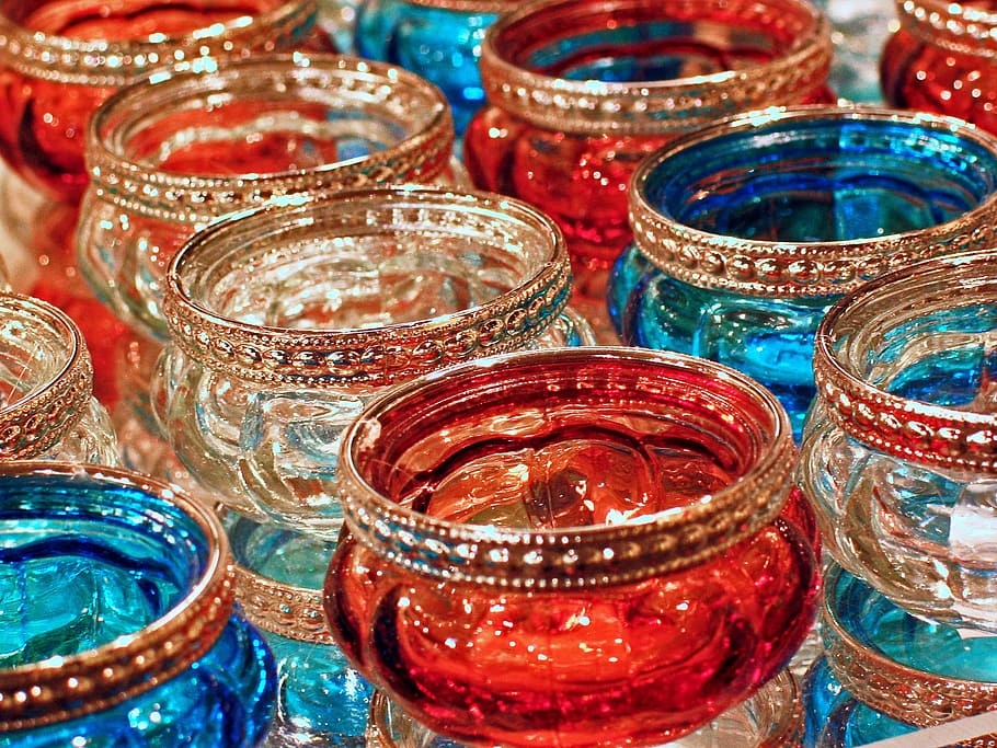 glass containers lot, lanterns, orange, petrol, light, lighting HD wallpaper