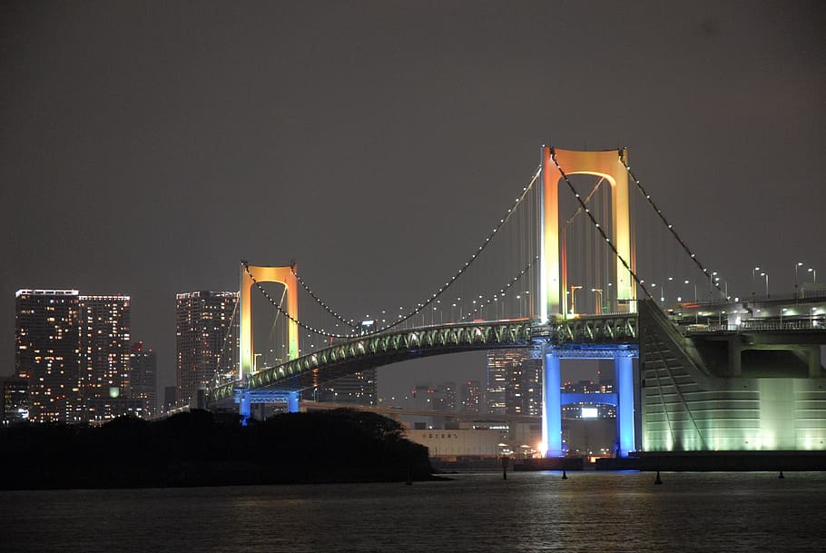 night view, bridge, light up, city, large, color, built structure HD wallpaper