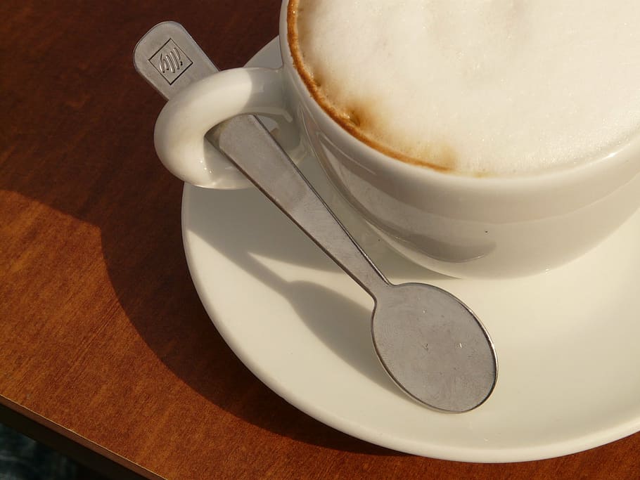 white ceramic mug on saucer, cappuccino, coffee, coffee cup HD wallpaper