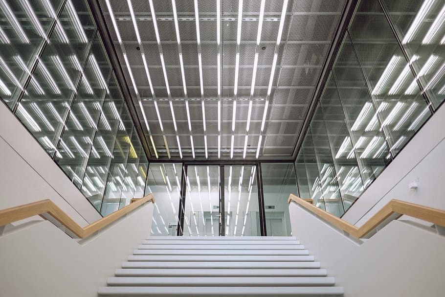 white and brown concrete stairs in front of clear glass door inside room, empty stair near close door HD wallpaper