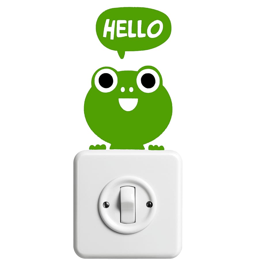 white wall switch and green hello frog sticler, kermit, animals, HD wallpaper