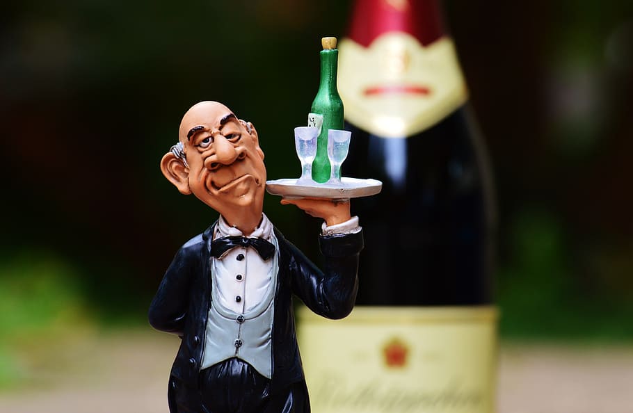 profile of butler figurine, tray, beverages, wine, champagne, HD wallpaper