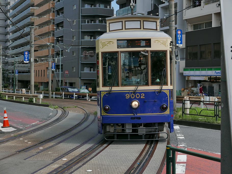 tram, old tram, train, tracks, street, commute, blue, transport HD wallpaper
