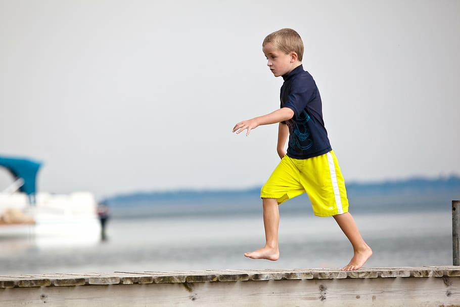 dock, young boy, running, child, outdoors, lake, childhood HD wallpaper