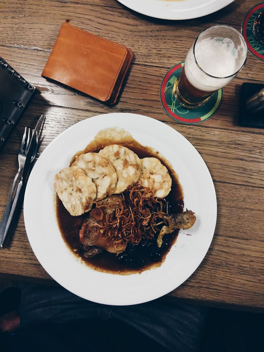 Czech roasted duck with sauerkraut and dumplings, beer, eating out, HD wallpaper