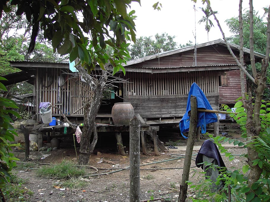 log cabin, old, weathered, wood, thailand, tree, built structure HD wallpaper
