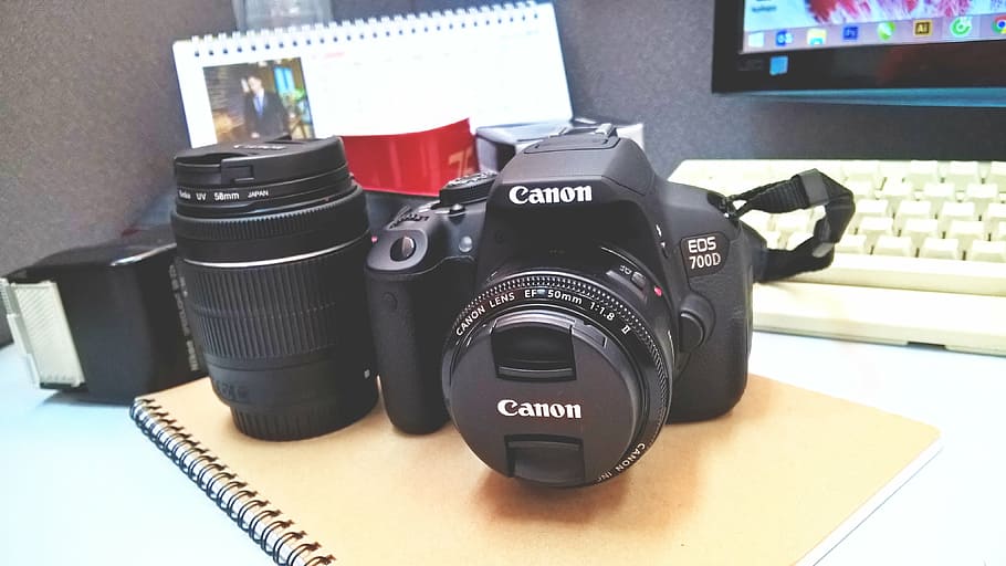 canon, computer, dslr, electronics, flash, keyboard, lens, notebook HD wallpaper