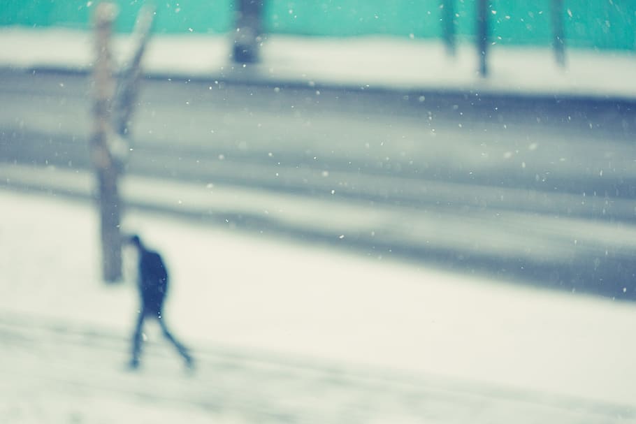 man walking on the street at daytime, Alone, snow, winter, blur HD wallpaper
