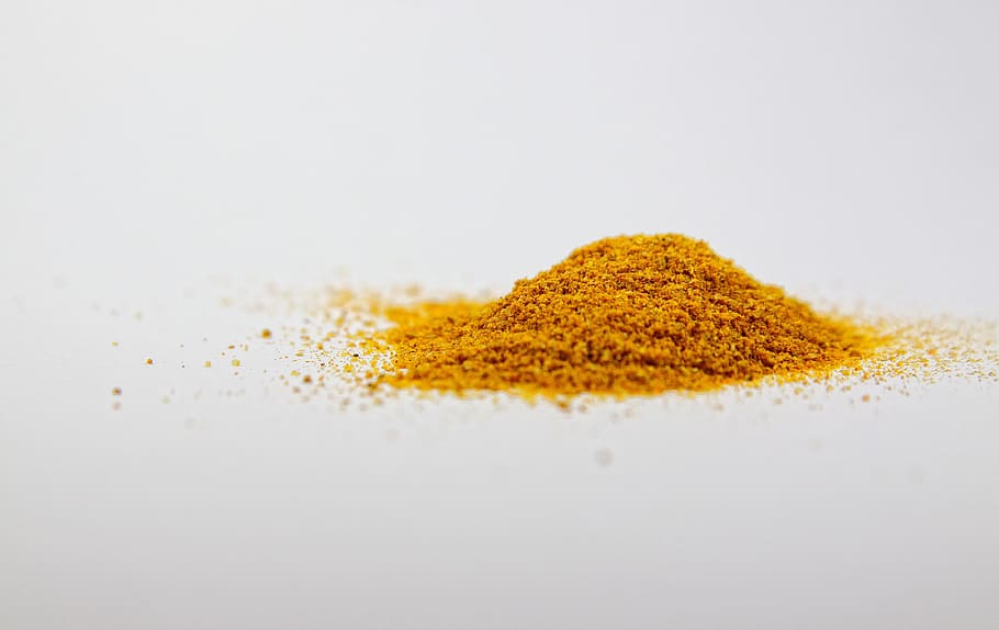 brown powder on white surface, turmeric, spice, curry, component