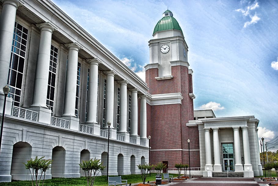 courthouse, building, clock tower, sky, clouds, architecture HD wallpaper
