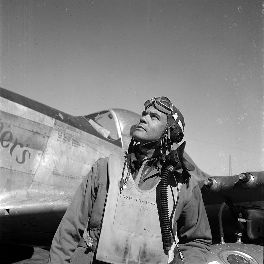 grayscale photo of pilot, aviator, man, airplane, vintage, retro