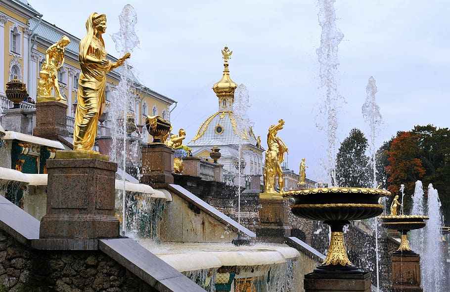 peterhof, parks, fountains, architecture, famous Place, statue, HD wallpaper