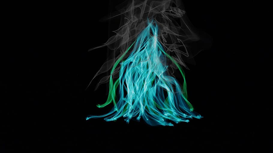 green and blue digital wallpaper, fire, flame, smoke, burn, color, HD wallpaper
