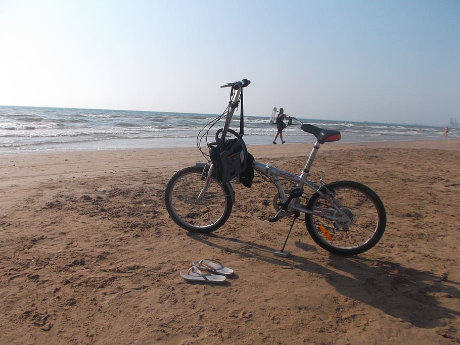sea, beach, sunset, dawn, bicycle, exercise, landscape, mediterranean sea HD wallpaper