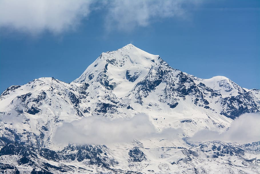 mountain, peak, sky, winter, clouds, snow, blue, white, alpes HD wallpaper