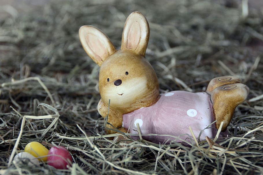 easter bunny, hare, easter eggs, sugar eggs, pink, yellow, white HD wallpaper