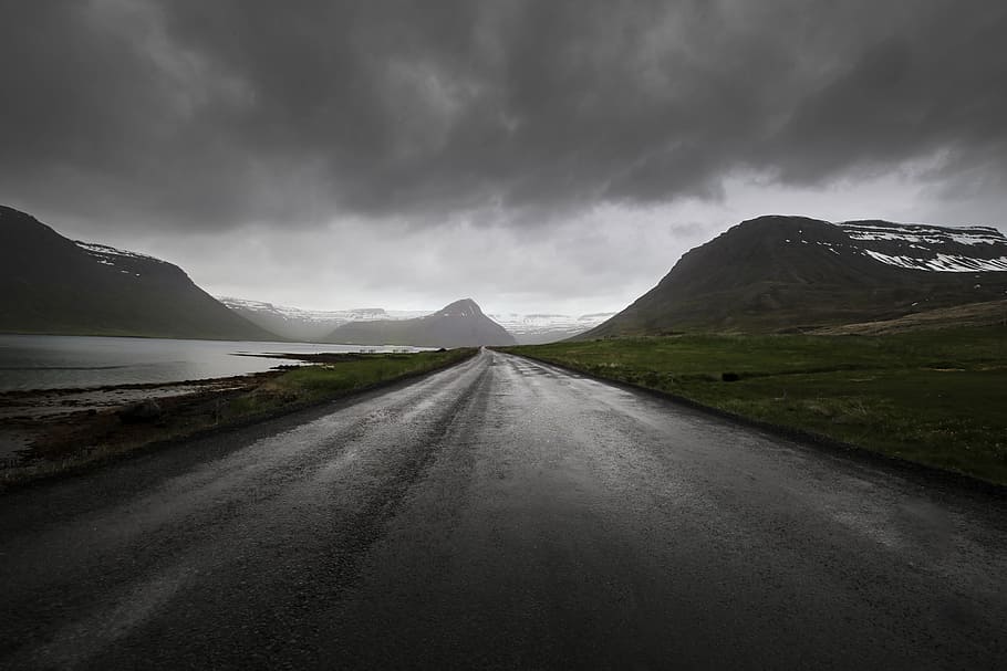 road between grass lawn and mountain, grayscale photography of mountain near road, HD wallpaper