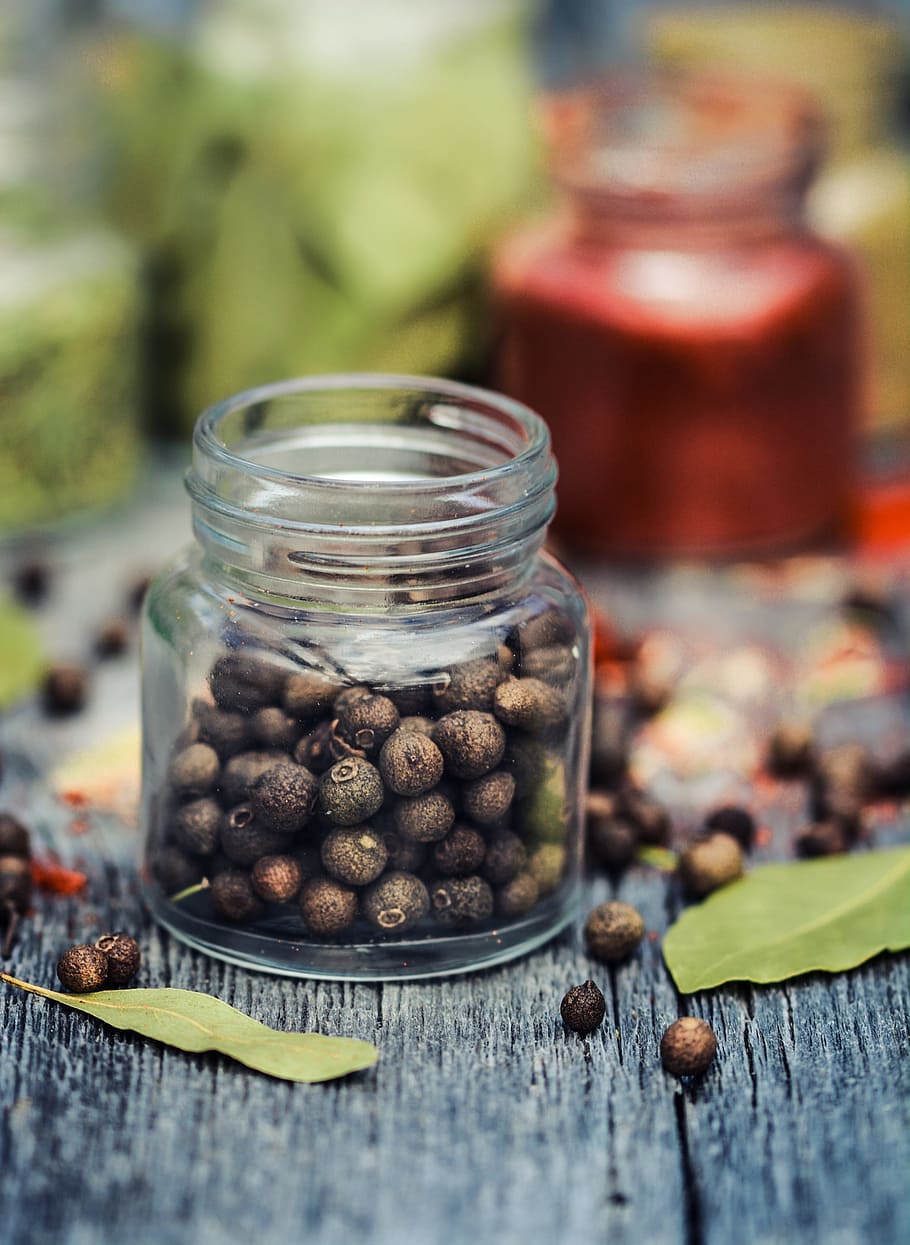 brown beans on jar, spices, kitchen, cooking, wooden, pepper HD wallpaper