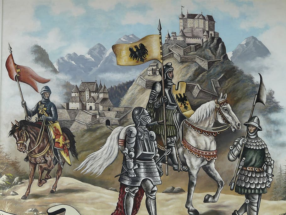 four assorted-armoured knights near castle painting, photo, soldiers, HD wallpaper