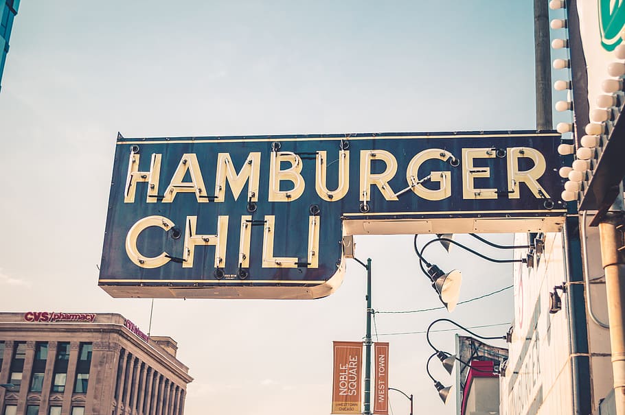 Hamburger Chili signage near CVS building, Hamburger Chili sign HD wallpaper