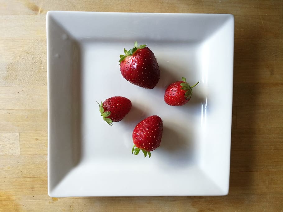table, wood, dish, white, red, strawberry, square, fruit, food HD wallpaper
