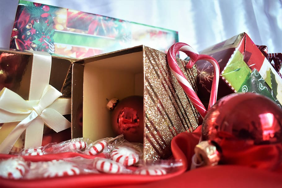 Christmas, Christmas bauble and cane stick on red surface, decor HD wallpaper