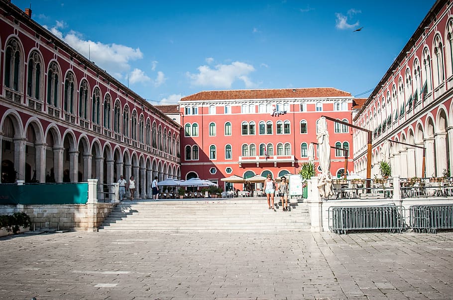 group of people walking on stairs between building, croatia HD wallpaper