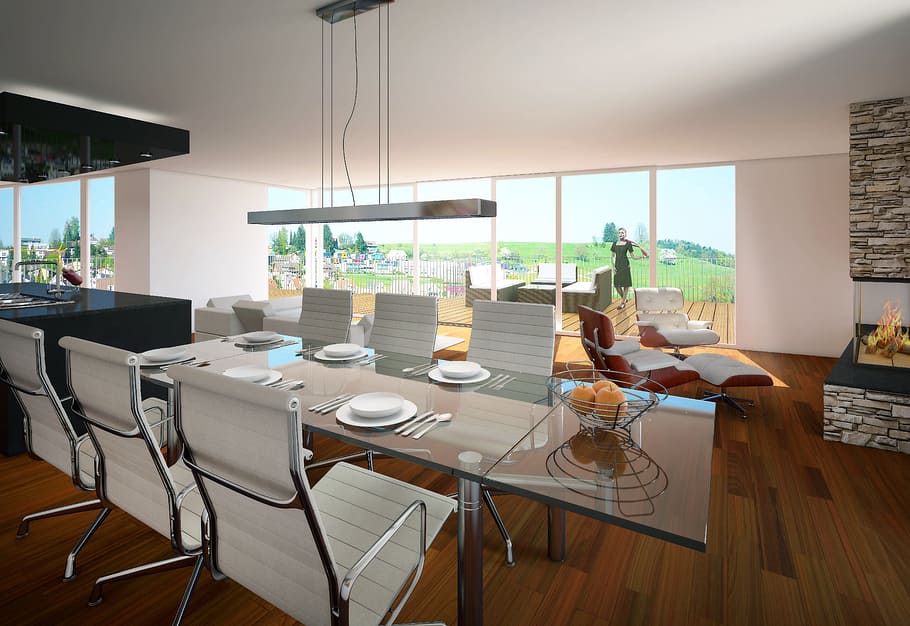 set of six chairs and rectangular clear glass table, interior HD wallpaper