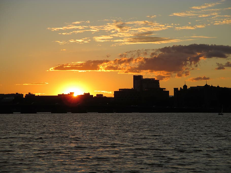 sunset, river, cambridge, sunset sky, city skyline, water, twilight HD wallpaper